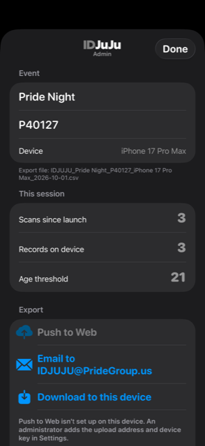 Admin screen with the event filled in and export file name shown
