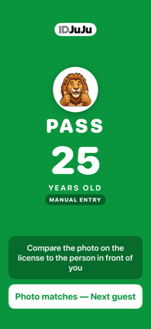 Green PASS screen showing an age of 25