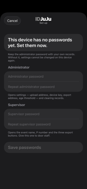 First run password setup screen